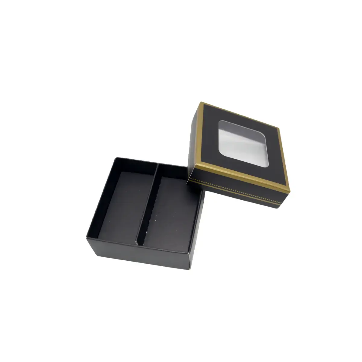 Coffret carton carré pour chocolats 2 rangées avec couvercle à fenêtre 6 x 6 x 3 cm carton 300 g/m² - Noir / Or - Lot de 10 - Ballotins chocolats vides