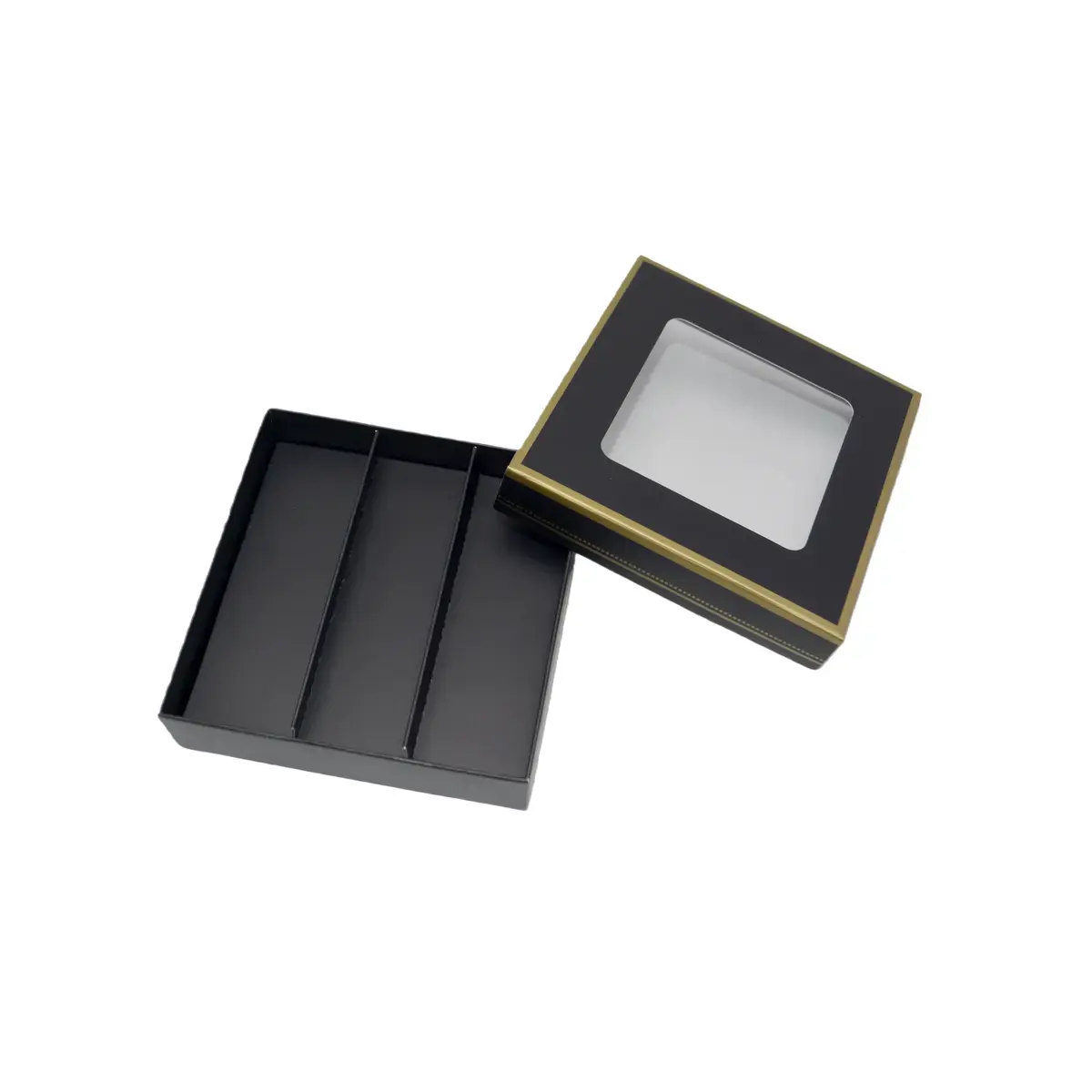 Coffret carton carré pour chocolats 3 rangées avec couvercle à fenêtre 10 x 10 x 3 cm carton 300 g/m² - Noir / Or - Lot de 10 - Ballotins chocolats vides