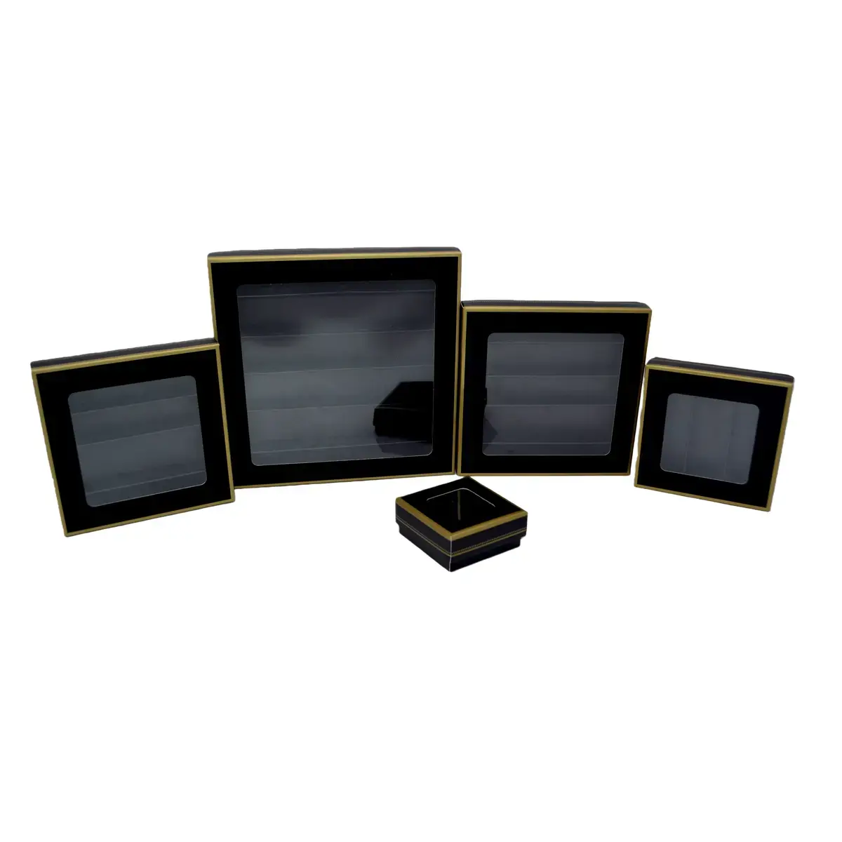 Coffret carton carré pour chocolats 3 rangées avec couvercle à fenêtre 10 x 10 x 3 cm carton 300 g/m² - Noir / Or - Lot de 10 - Ballotins chocolats vides-3