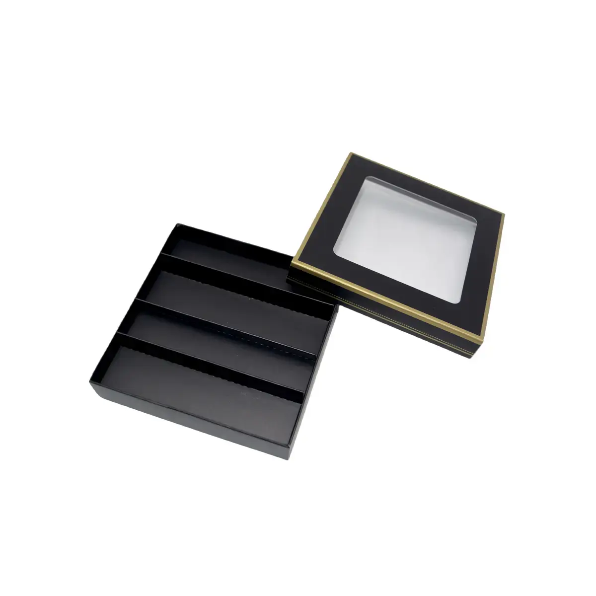 Coffret carton carré pour chocolats 4 rangées avec couvercle à fenêtre 12 x 12 x 3 cm carton 300 g/m² - Noir / Or - Lot de 10 - Ballotins chocolats vides