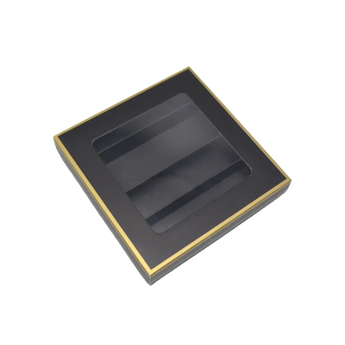 Coffret carton carré pour chocolats 4 rangées avec couvercle à fenêtre 12 x 12 x 3 cm carton 300 g/m² - Noir / Or - Lot de 10 - Ballotins chocolats vides-2