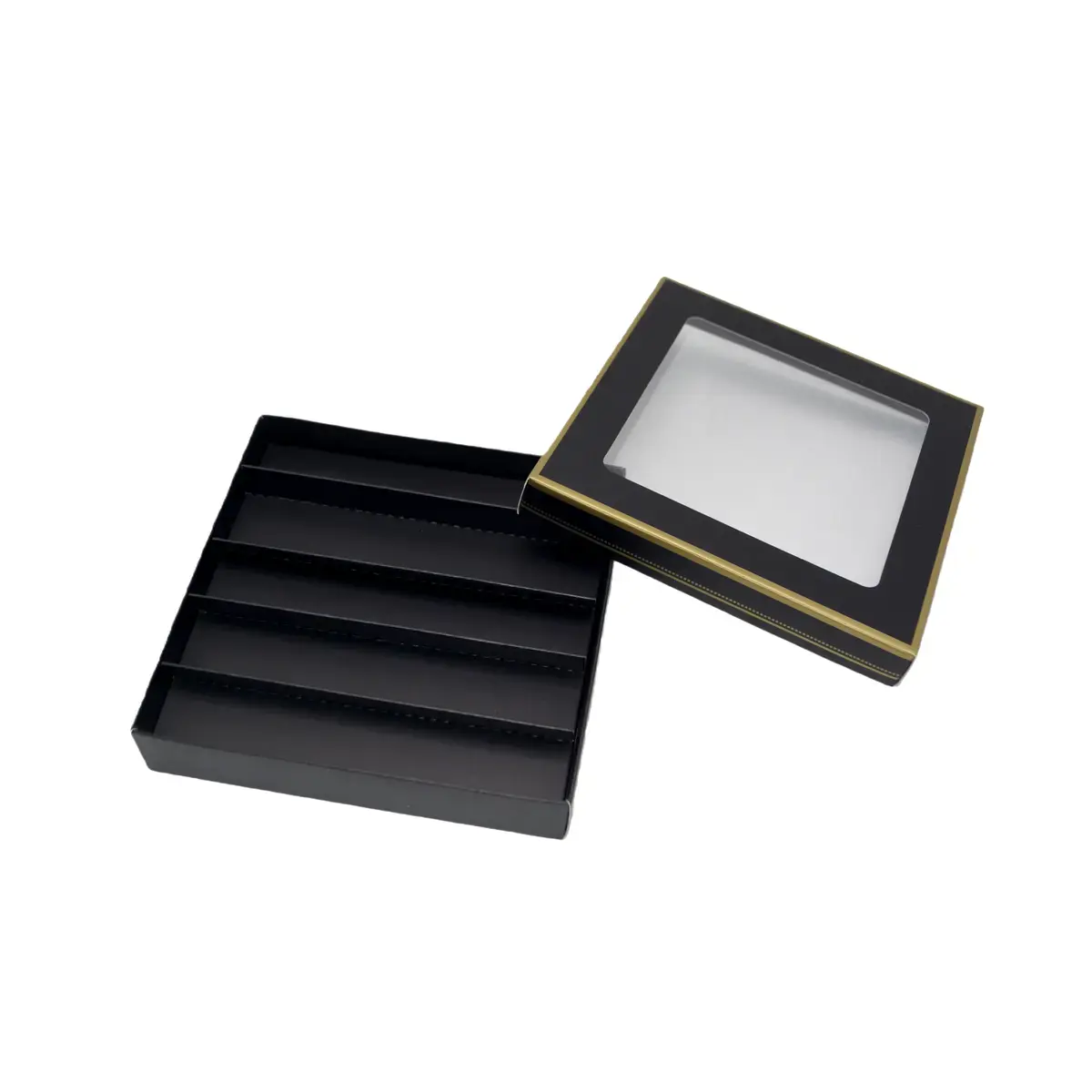 Coffret carton carré pour chocolats 5 rangées avec couvercle à fenêtre 15 x 15 x 3 cm carton 300 g/m² - Noir / Or - Lot de 10 - Ballotins chocolats vides