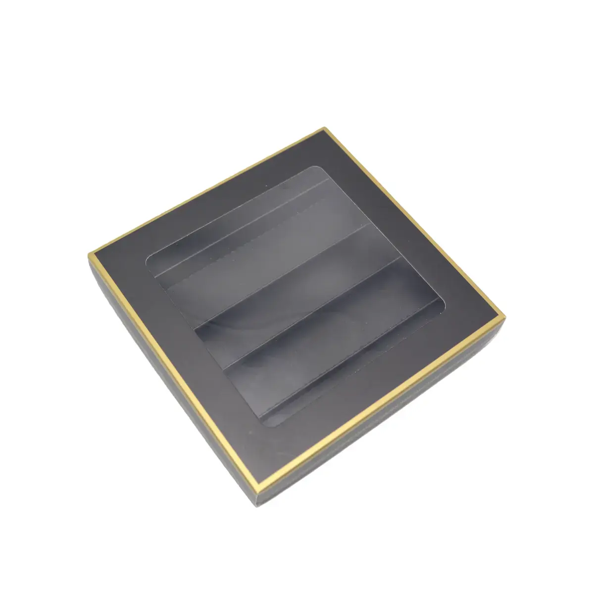Coffret carton carré pour chocolats 5 rangées avec couvercle à fenêtre 15 x 15 x 3 cm carton 300 g/m² - Noir / Or - Lot de 10 - Ballotins chocolats vides-2