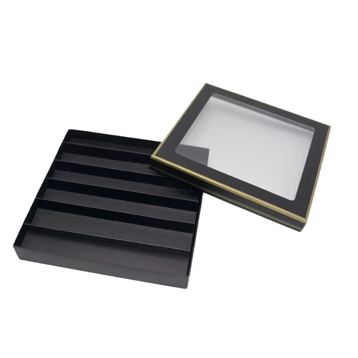 Coffret carton carré pour chocolats 6 rangées avec couvercle à fenêtre 18 x 18 x 3 cm carton 300 g/m² - Noir / Or - Lot de 10 - Ballotins chocolats vides