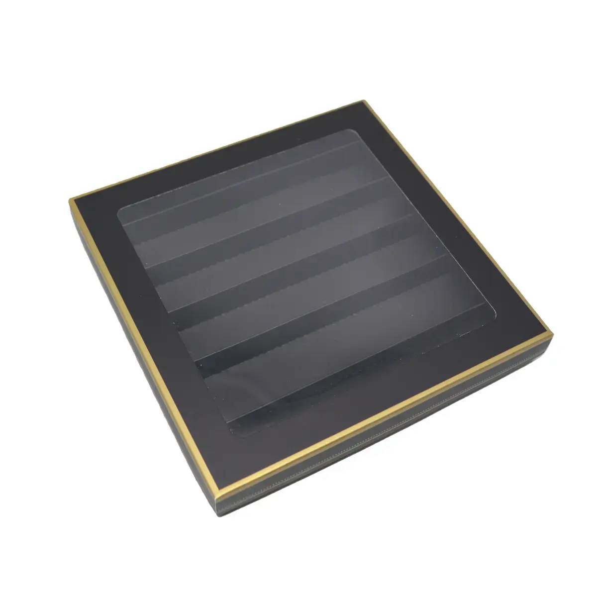 Coffret carton carré pour chocolats 6 rangées avec couvercle à fenêtre 18 x 18 x 3 cm carton 300 g/m² - Noir / Or - Lot de 10 - Ballotins chocolats vides-2