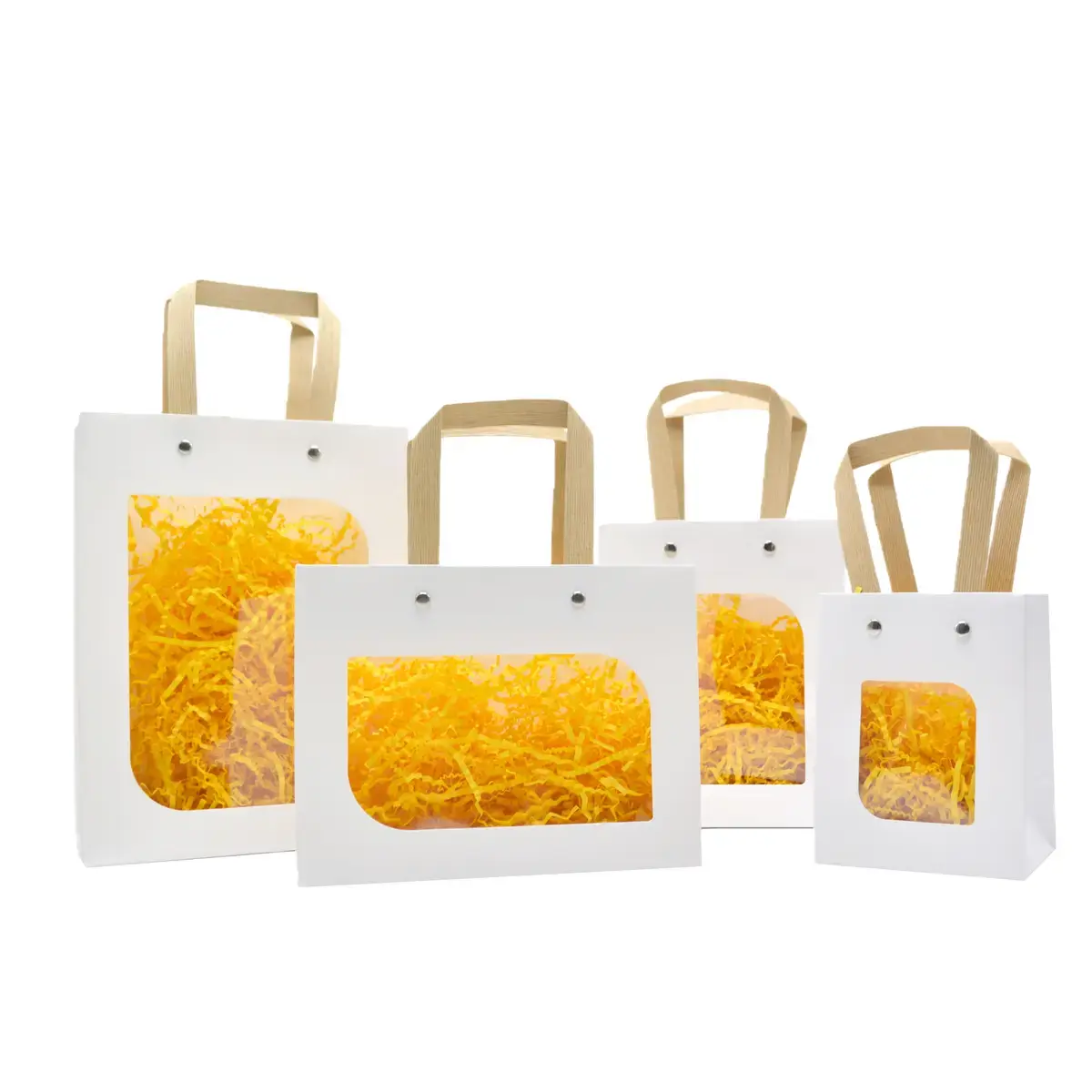 Sac kraft blanc à fenêtre et poignées plates brunes rivetées 18 + 8,5 x 24 cm – Paquet de 20 - Sacs kraft à fenêtre-2