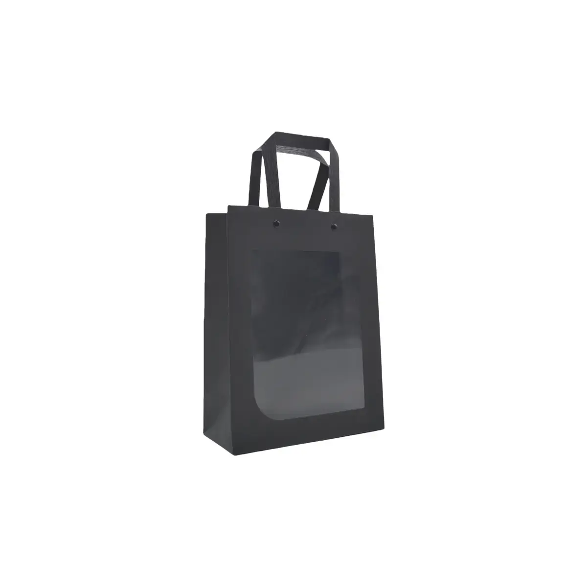 Sac kraft noir à fenêtre et poignées plates noires rivetées 11 + 8 x 14 cm – Paquet de 20 - Sacs kraft à fenêtre