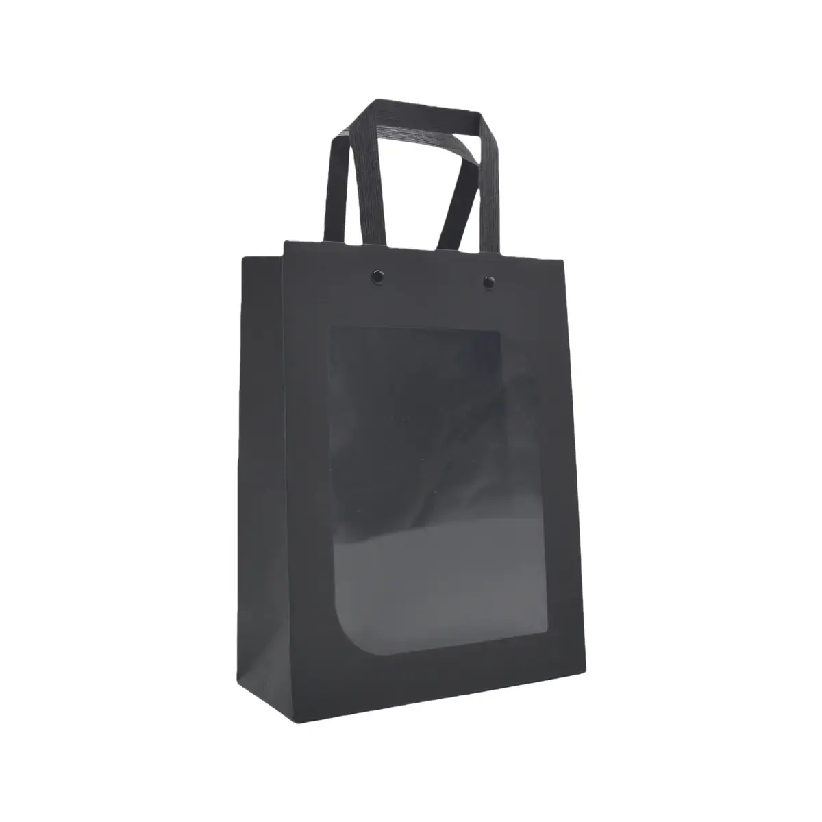 Sac kraft noir à fenêtre et poignées plates noires rivetées 15 + 7,6 x 18,5 cm – Paquet de 20 - Sacs kraft à fenêtre