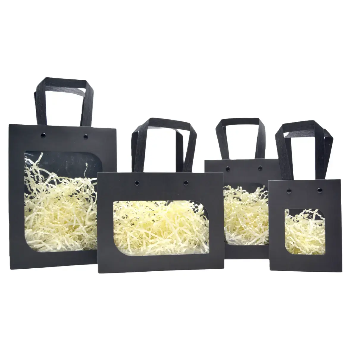 Sac kraft noir à fenêtre et poignées plates noires rivetées 15 + 7,6 x 18,5 cm – Paquet de 20 - Sacs kraft à fenêtre-2