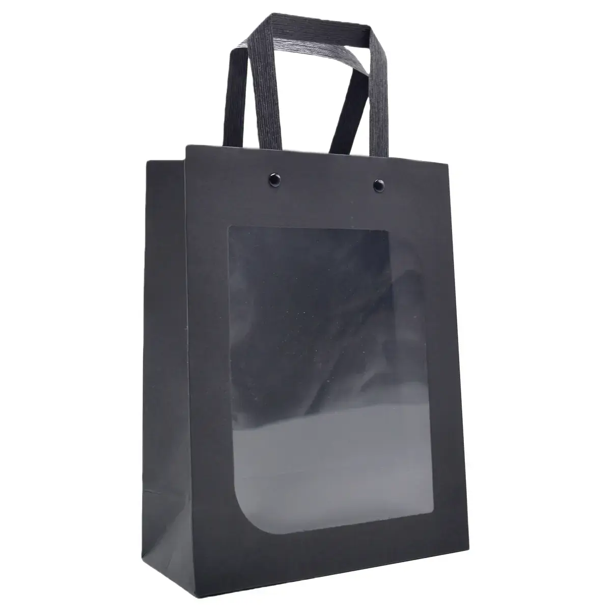 Sac kraft noir à fenêtre et poignées plates noires rivetées 18 + 8,5 x 24 cm – Paquet de 20 - Sacs kraft à fenêtre