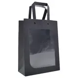 Sac kraft noir à fenêtre et poignées plates noires rivetées 18 + 8,5 x 24 cm – Paquet de 20 - Sacs kraft à fenêtre