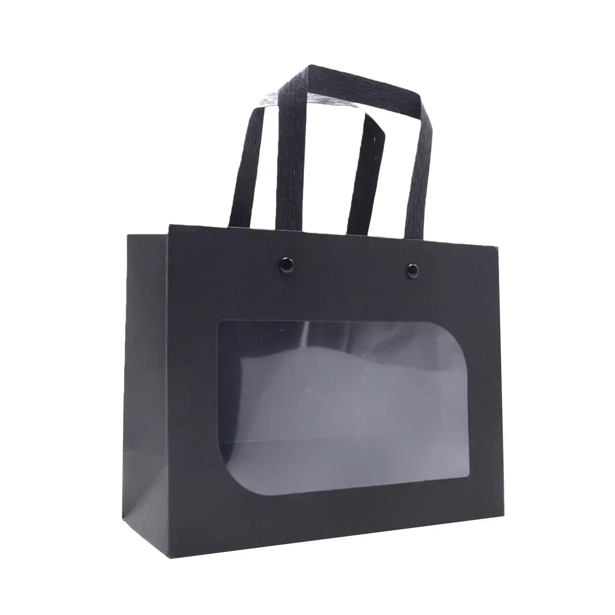 Sac kraft noir à fenêtre et poignées plates noires rivetées 20 + 8 x 15,5 cm – Paquet de 20 - Sacs kraft à fenêtre