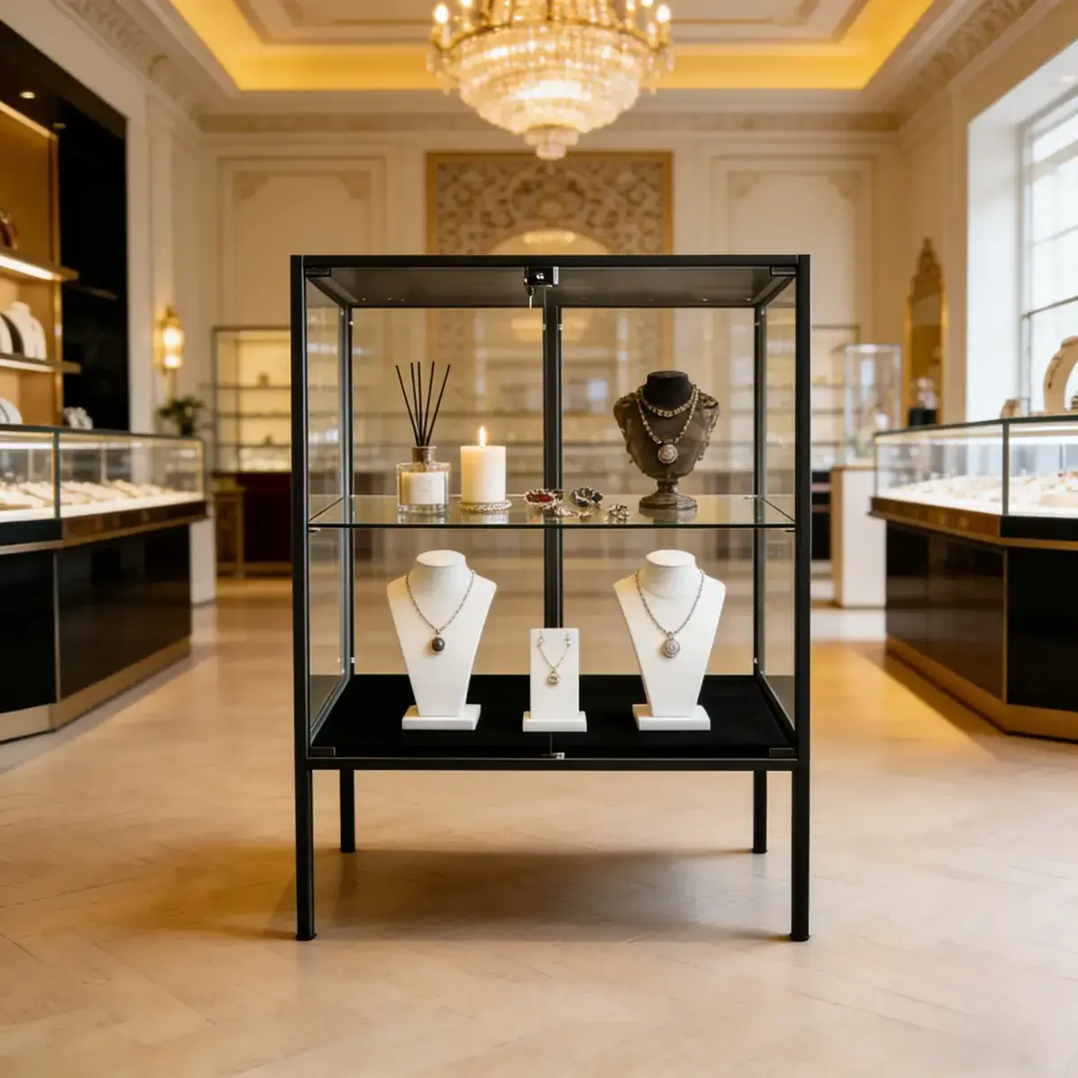 Vitrine d'exposition métal noir 1 tablette verre 80 x 40 x 105 cm – Meuble vitrine - Meuble vitrine exposition magasin - Vitrine Métal-2