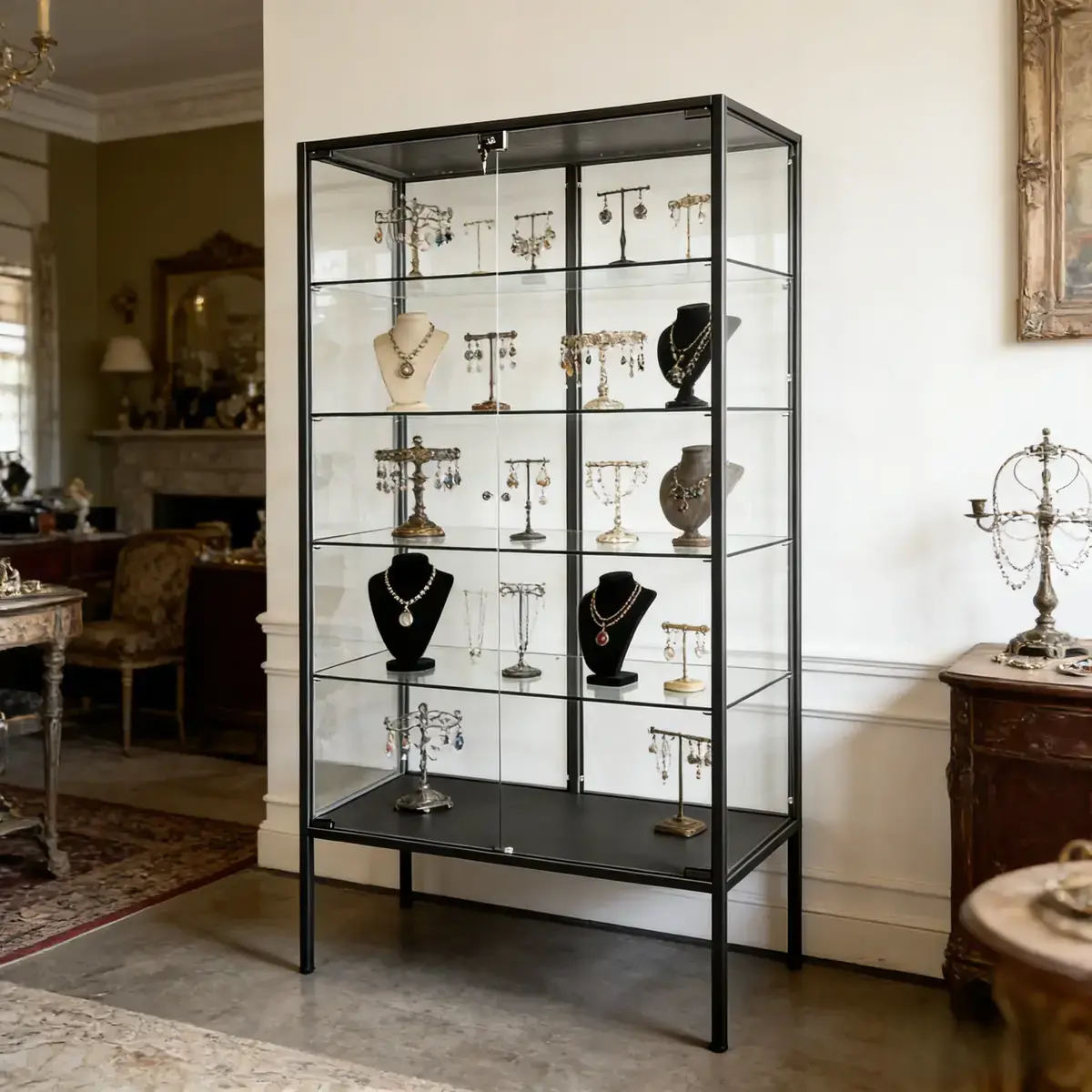 Vitrine d'exposition métal noir 4 tablettes verre 80 x 40 x 181 cm – Meuble vitrine - Meuble vitrine exposition magasin - Vitrine Métal-2