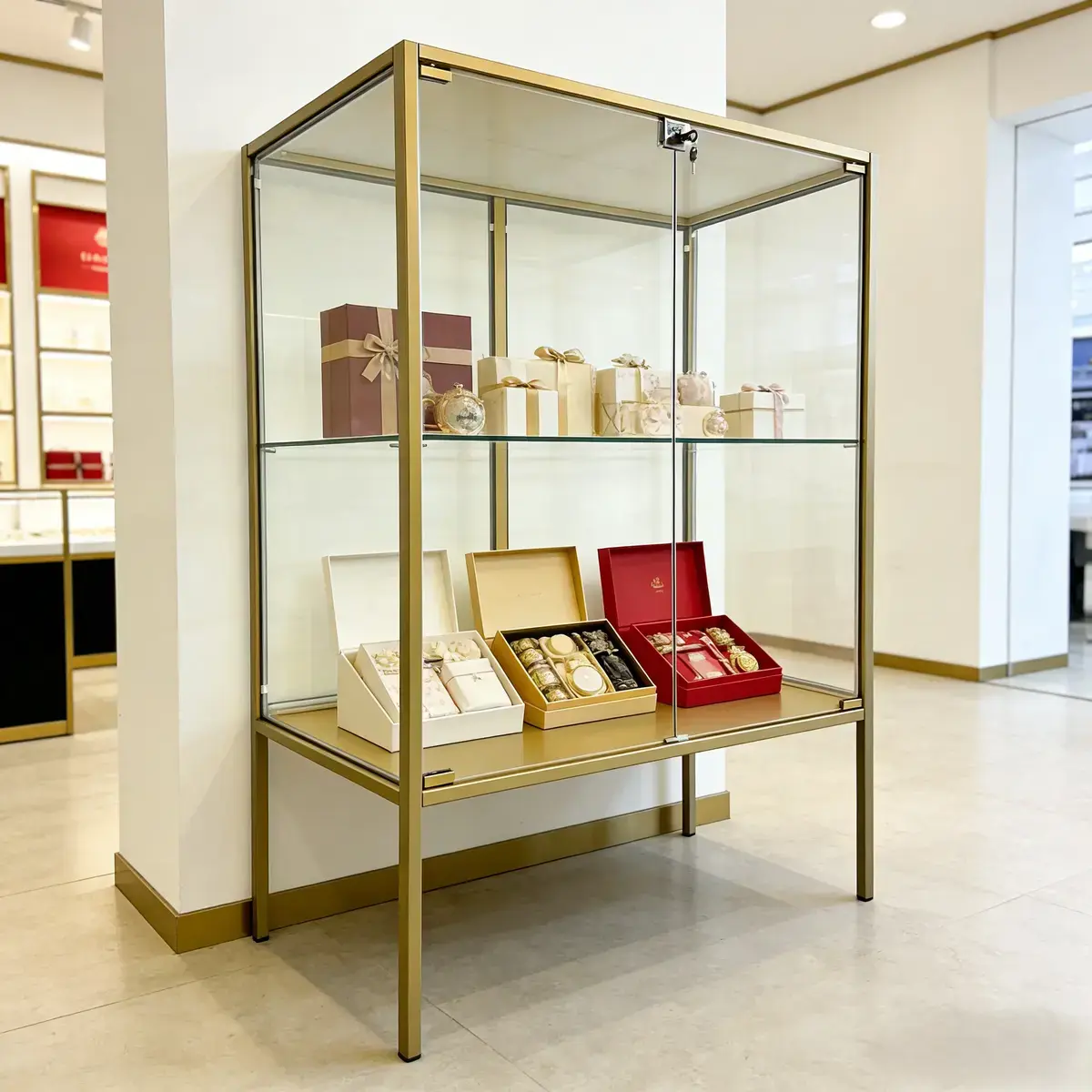 Vitrine d'exposition métal doré 1 tablette verre 80 x 40 x 105 cm – Meuble vitrine - Meuble vitrine exposition magasin - Vitrine Métal-2