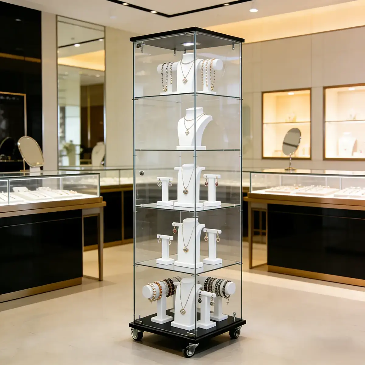 Vitrine colonne bois noir 4 tablettes verre sur roulettes 40 x 40 x 181 cm – Vitrine d’exposition - Vitrine exposition magasin - Vitrines Bois-2