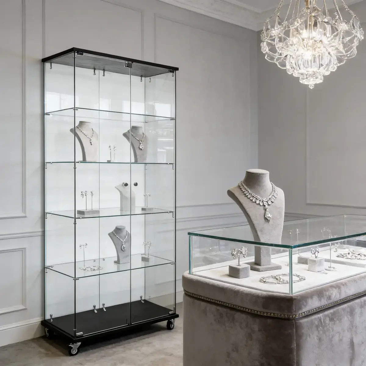 Vitrine d'exposition bois noir 4 tablettes verre sur roulettes 80 x 40 x 181 cm – Meuble vitrine - Meuble vitrine exposition magasin - Vitrines Bois-2