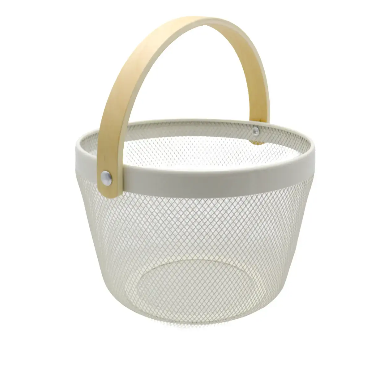 Panier métal mesh rond avec anse bois 8 litres ø 25,5 x H 18 cm - Panier libre service - Blanc - Paniers magasin