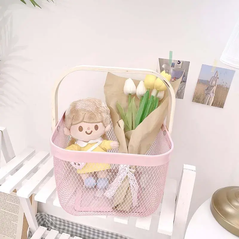 Panier métal mesh carré avec anse bois 8 litres 24,5 x 24,5 x 18 cm - Panier libre service - Rose - Paniers magasin-2