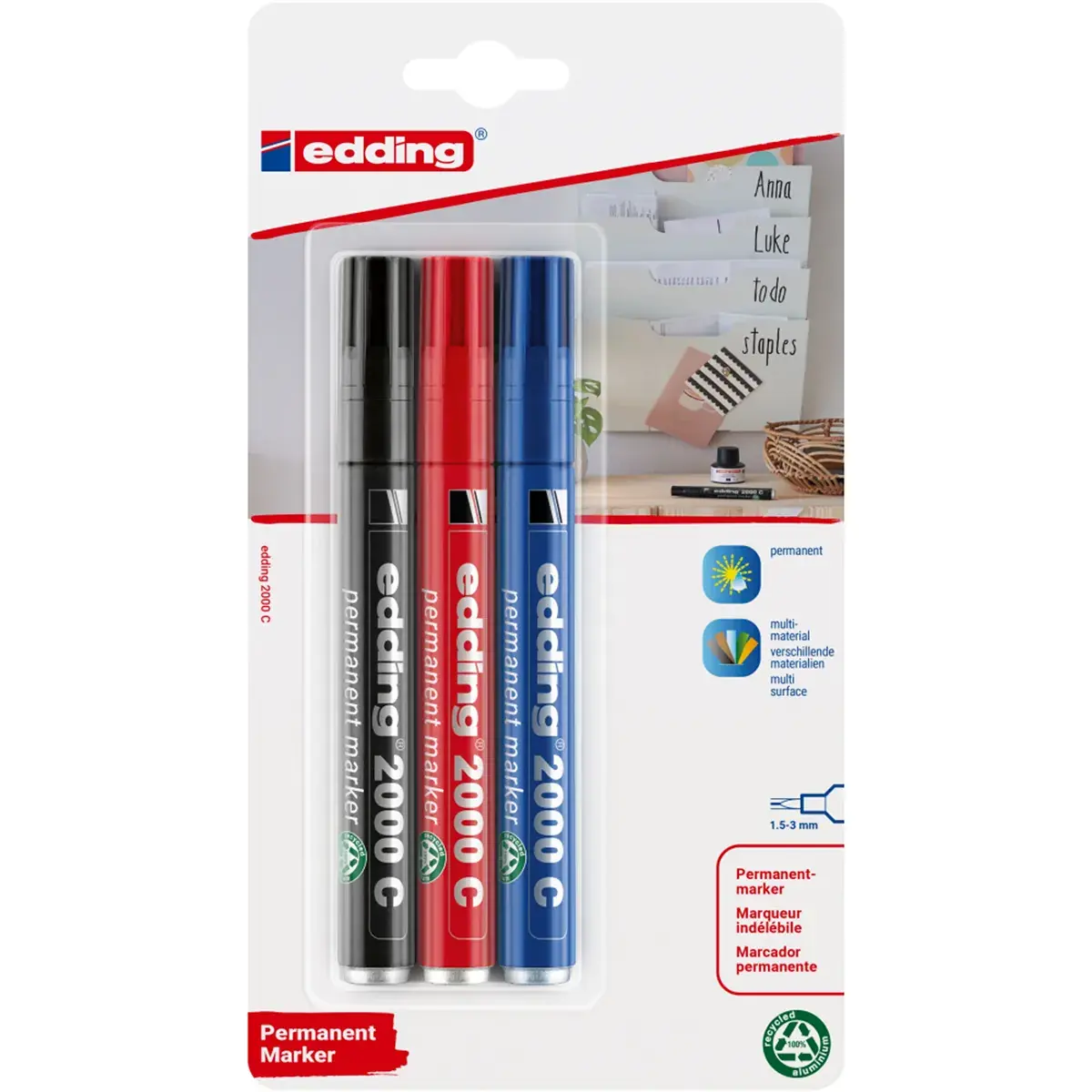 Marqueur indélébile 2000C pointe ogive 1,5 à 3 mm - Marqueur permanent - Noir / Bleu / Rouge - Lot de 3 - Marqueurs-2