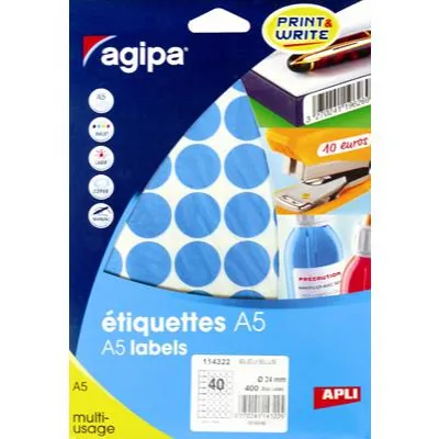 Pastille adhésive permanente Bleue ø 24 mm Agipa - Pastille de signalisation - Étui de 400 - Pastilles adhésives, Gommettes autocollantes