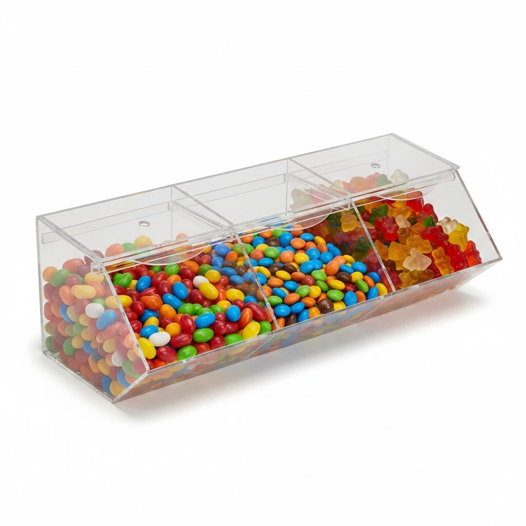 Distributeur de bonbons 3 compartiments transparent plexi 45 x 20 x 15 cm - Présentoir bonbons - Vitrines alimentaires-2