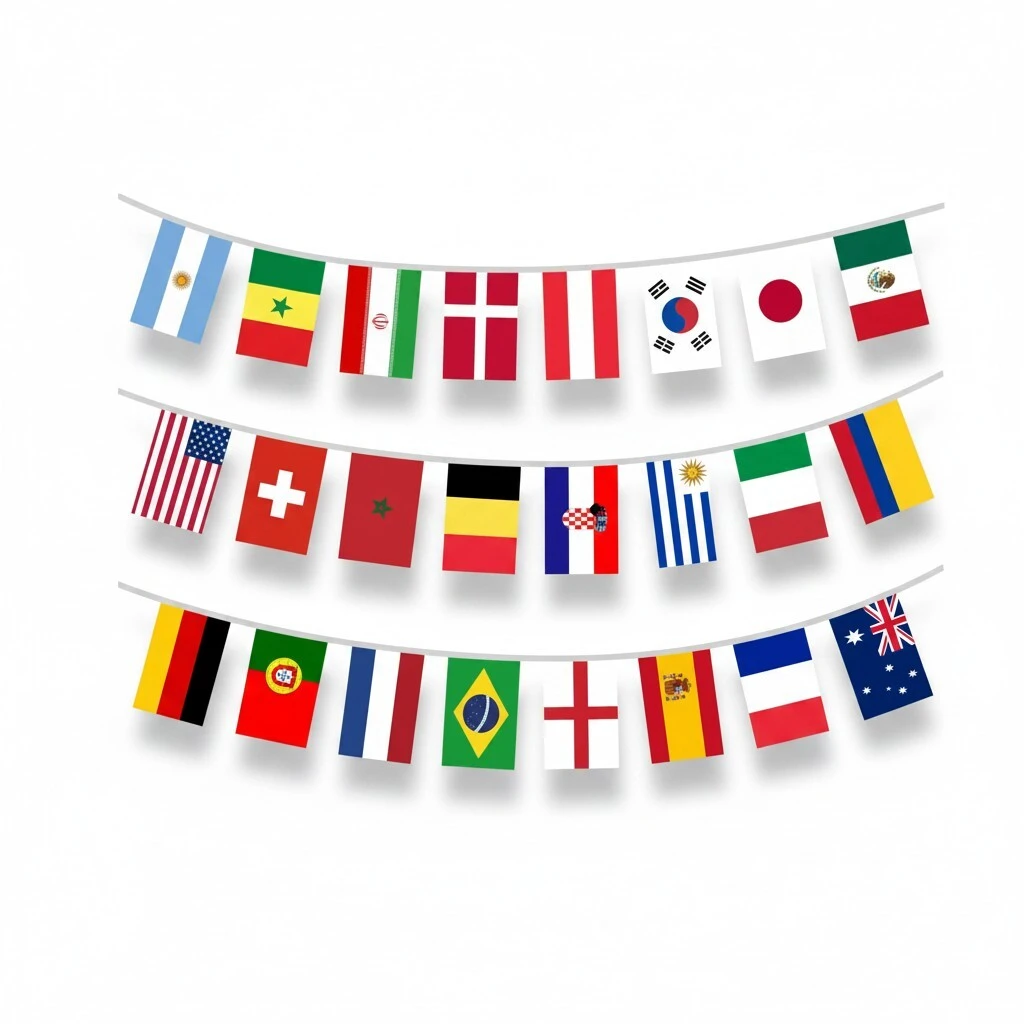 Guirlande Football 2026 15 x 23 cm 8 m - 24 drapeaux du monde - Décoration coupe du monde - Ballons et Accessoires de fête