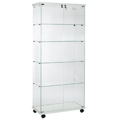 Vitrine colonne verre trempé socle blanc 4 tablettes 80 x 40 x 180 cm sur roulettes – Vitrine d’exposition - Vitrine exposition magasin - Vitrines Verre & Bois