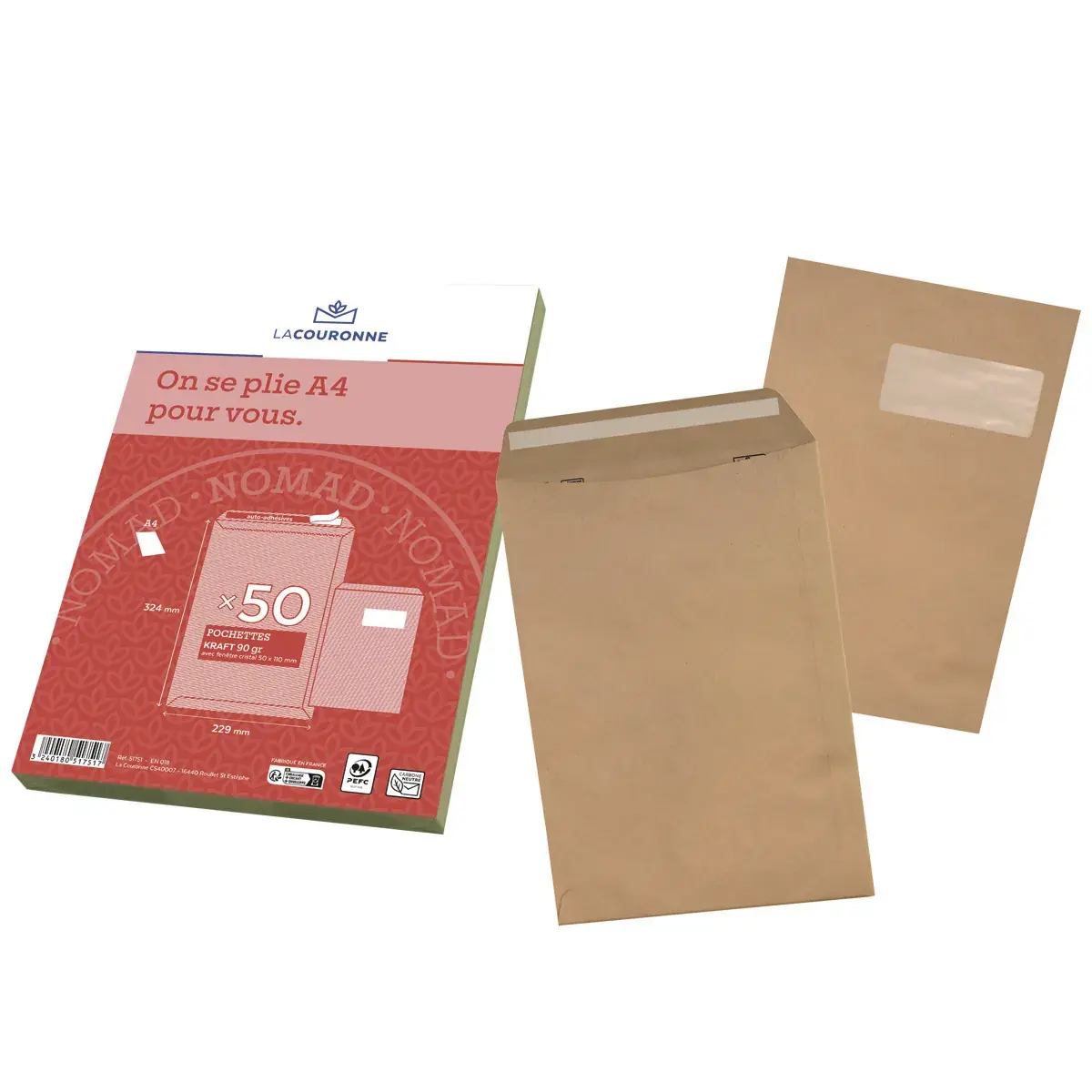 Pochette C4 kraft brun avec fenêtre La Couronne Nomad 229 x 324 mm 90g – Paquet de 50 - Pochettes kraft-2