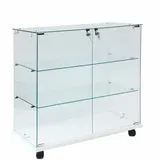 Vitrine comptoir en verre trempé socle blanc 2 tablettes 80 x 40 x 90 cm sur roulettes - Vitrine d’exposition - Vitrines Verre & Bois