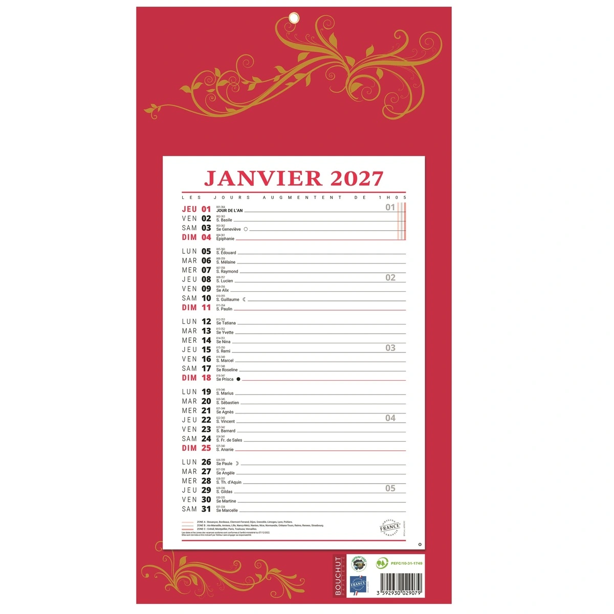 Calendrier 2027 bloc sur carton rigide rouge – Format mural 19 x 36 cm - Calendriers professionnels