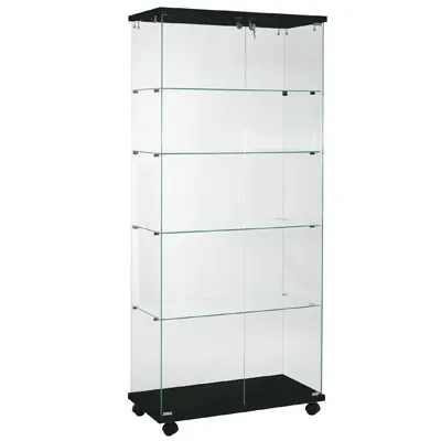 Vitrine d'exposition socle noir 4 tablettes verre sur roulettes 80 x 40 x 180 cm – Meuble vitrine - Meuble vitrine exposition magasin - Vitrines Bois