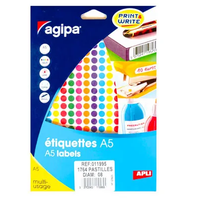 Pastille adhésive permanente couleurs assorties ø 8 mm Agipa - Pastille de signalisation - Étui de 1764 - Pastilles adhésives, Gommettes autocollantes