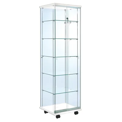 Vitrine colonne verre trempé socle blanc 5 tablettes 52 x 46 x 180 cm sur roulettes - Vitrine d’exposition - Vitrines Verre & Bois