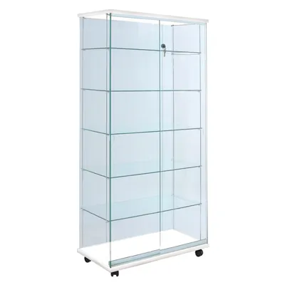 Vitrine verre trempé socle blanc 5 tablettes 80 x 46 x 180 cm sur roulettes - Vitrine d’exposition - Vitrines Bois