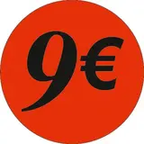 Pastille adhésive '9€' rond ø 36 mm, Orange fluo - Sticker promo - Lot de 500 - Étiquettes adhésives Soldes