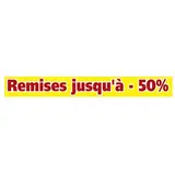 Affiche promo Remises jusqu'à -50% 165 x 20 cm jaune / rouge - Banderoles Soldes et Destockage