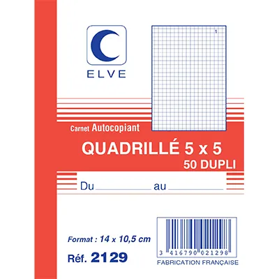 Carnet manifold autocopiant quadrillé 5x5 - 10,5 x 14 cm - 50 feuilles 2 exemplaires - Carnets autocopiants