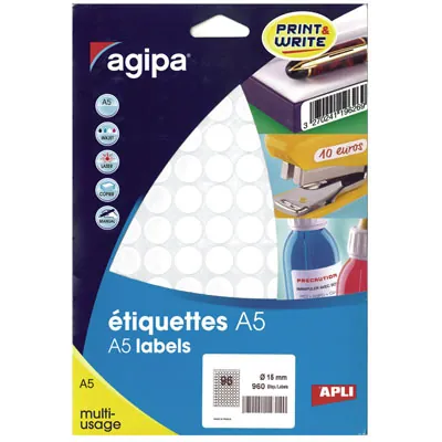Pastille adhésive permanente Blanche ø 15 mm Agipa - Pastille de signalisation - Étui de 1536 - Pastilles adhésives, Gommettes autocollantes