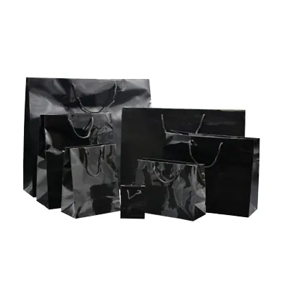 Sac pelliculé noir brillant poignées cordelette 22,9 + 9,8  x 17,8 cm - Paquet de 20 - Sacs pelliculés poignées cordelette-2