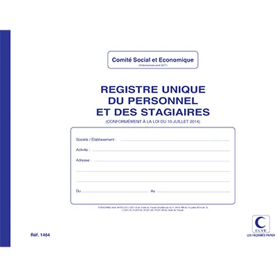 Registre unique d'inscription du personnel et des stagiaires 29,7 x 21 cm 52 pages - Registres et agendas de comptabilité