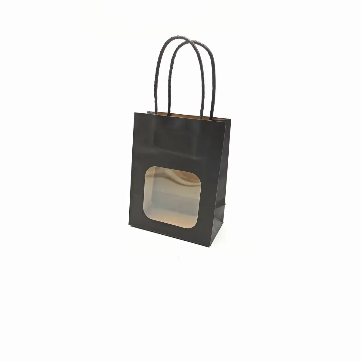 Sac kraft avec fenêtre et poignées torsadées, noir, 11 + 6 x 14 cm, paquet de 20 - Sacs kraft à fenêtre